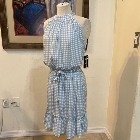 Mackenzie & James Blue/White Checkerboard Halter Dress Size Med - Picture 2 of 10